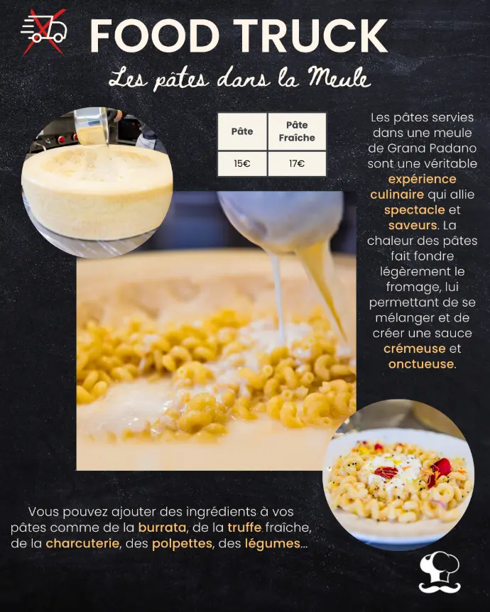 pate dans la meule de parmesan flambée pasta bar à pâte food truck mariage anniversaire